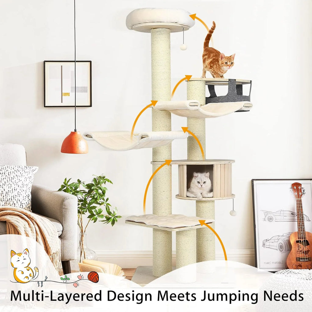 Árbol para Gatos Grande, Torre de Múltiples Niveles con Poste de Sisal, Hamaca, Cesta Colgante y Alfombrillas Desmontables y Lavables, Perfecto para Gatos Grandes