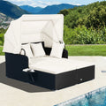 Cama Doble Día Ratán Patio Tumbona Con Cojines Laterales Plegables Jardín Patio Porche Blanco