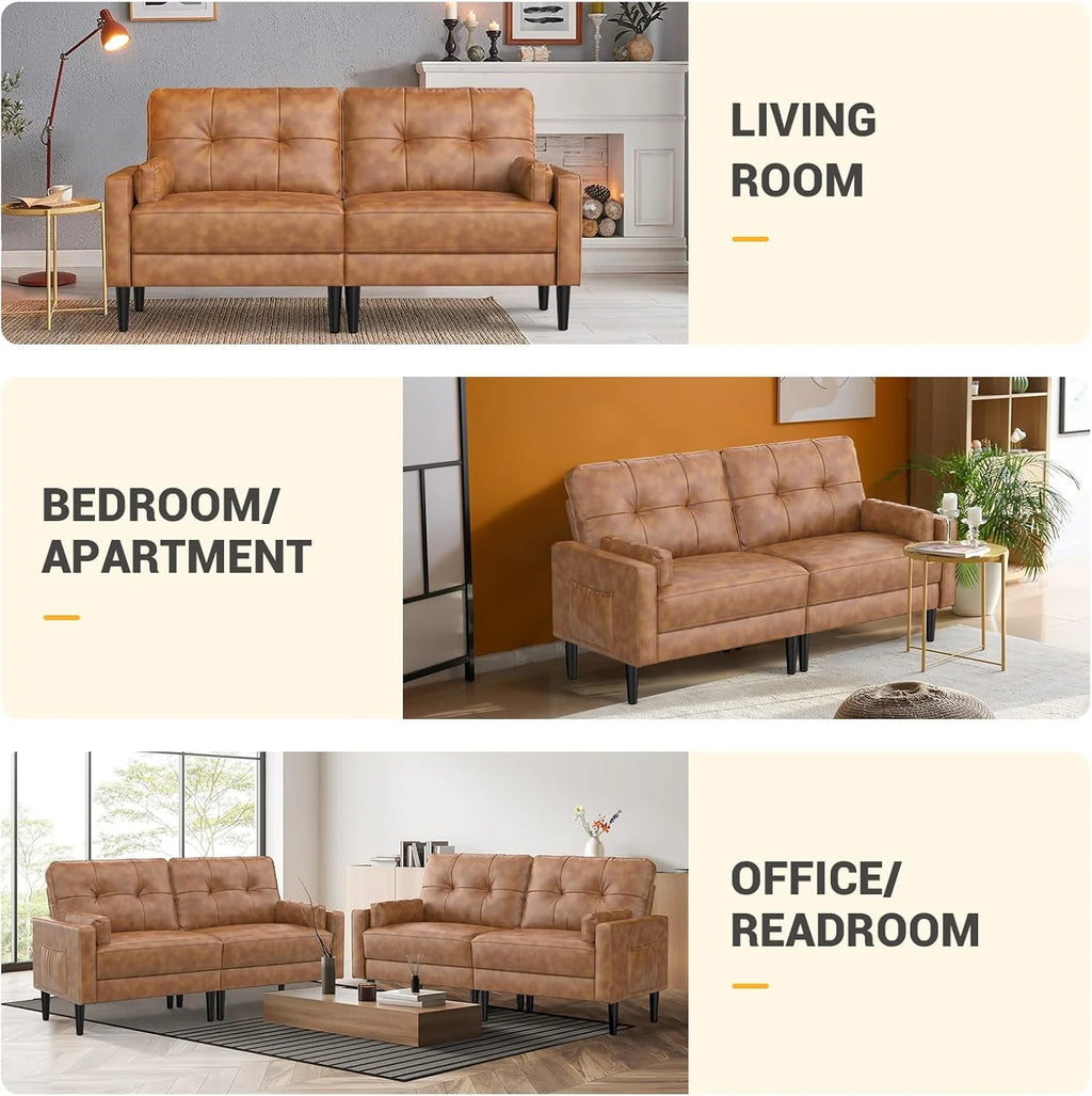 Aotumm Ciort Sofa 2 Plazas, Sofá Moderno con Cojines Gruesos, 2 Almohadas, Cómodo Sofá de Cuero con 2 Bolsillos de Almacenamiento para Sala de Estar/Dormitorio/Oficina, Sofá Pequeño (Marrón)