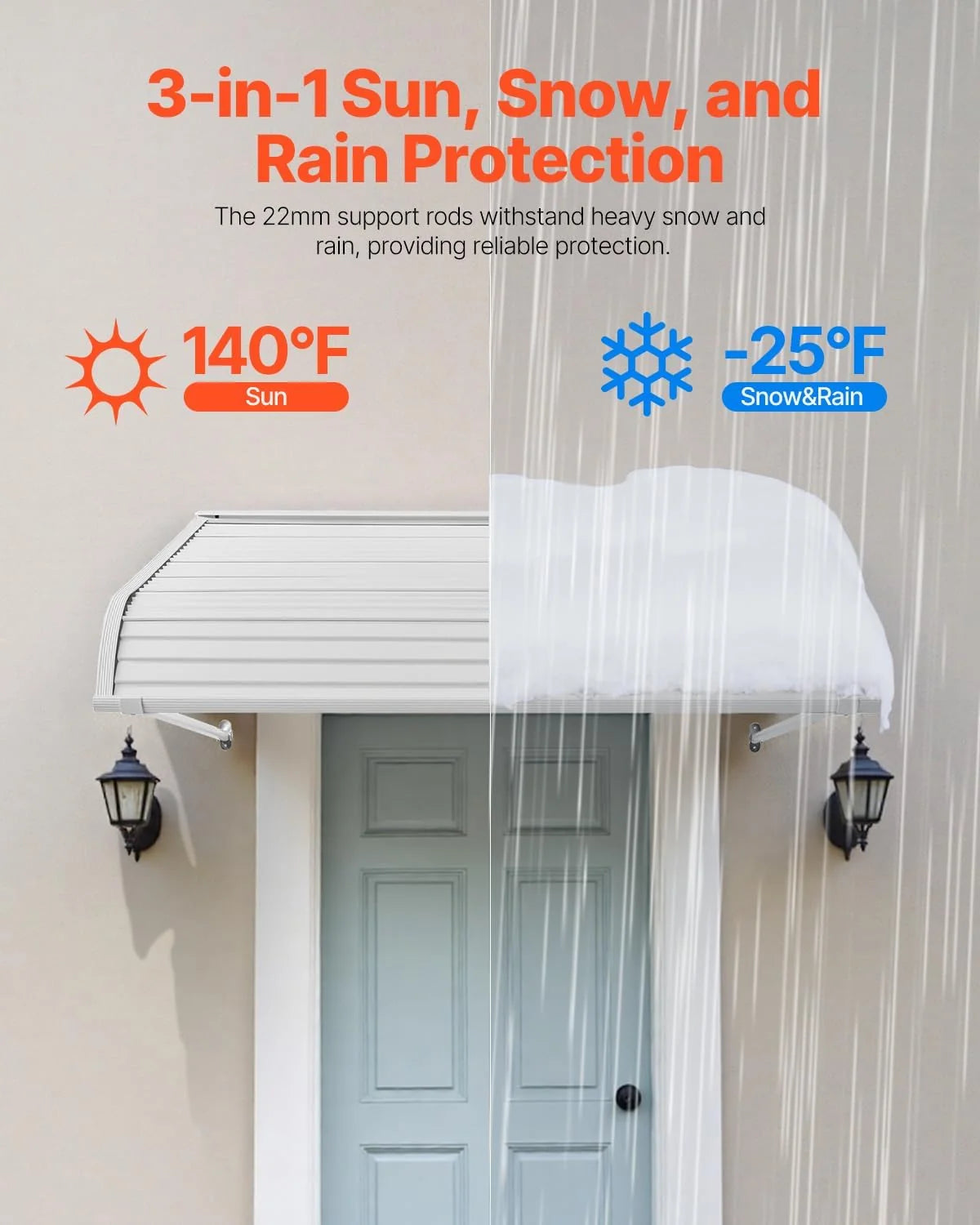 VEVOR Auvent de Porte d'Entrée 122x106,6 cm Marquise de Porte Extérieure Aluminium, Abri de Protection Contre Pluie, Neige, Soleil, Auvent Stable pour Portes d'Entrée, Fenêtres de Porches, de Balcons