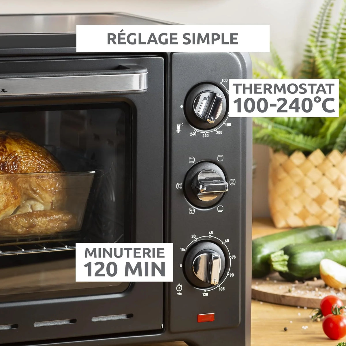 Moulinex Four posable 33 L, Chaleur tournante, Convection de pointe, 6 modes de cuisson, Thermostat réglable jusqu'à 240 °C, Timer 120 min, Grille réversible, Maniques silicone, Optimo Noir OX464811