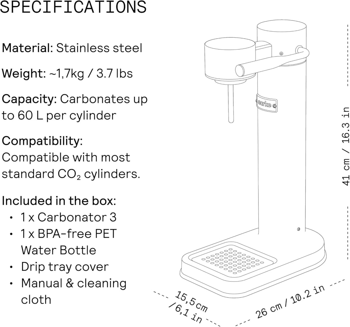 Aarke Carbonator 3, Máquina Gasificadora de Agua en Acero Inoxidable, incluye Dos Botellas (800ml), Acabado en Negro