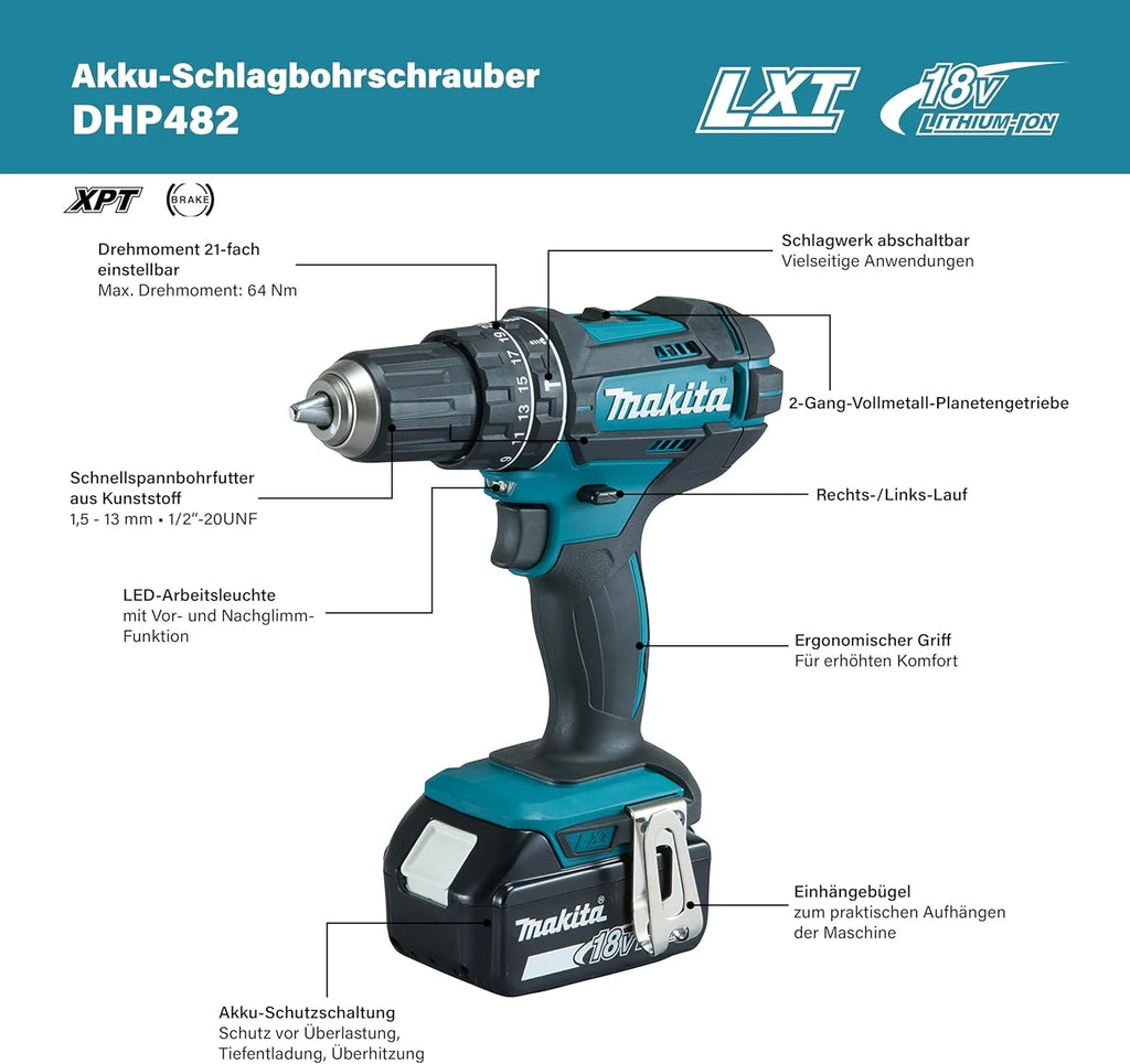 Perceuse à percussion 18V LXT (2x3,0 Ah) avec accessoires -  DHP482RFX9
