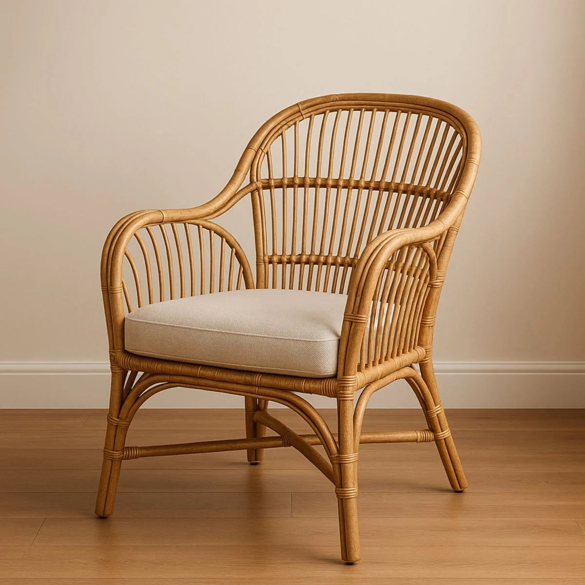 Fauteuil en Rotin avec Coussin en Coton Blanc Crème