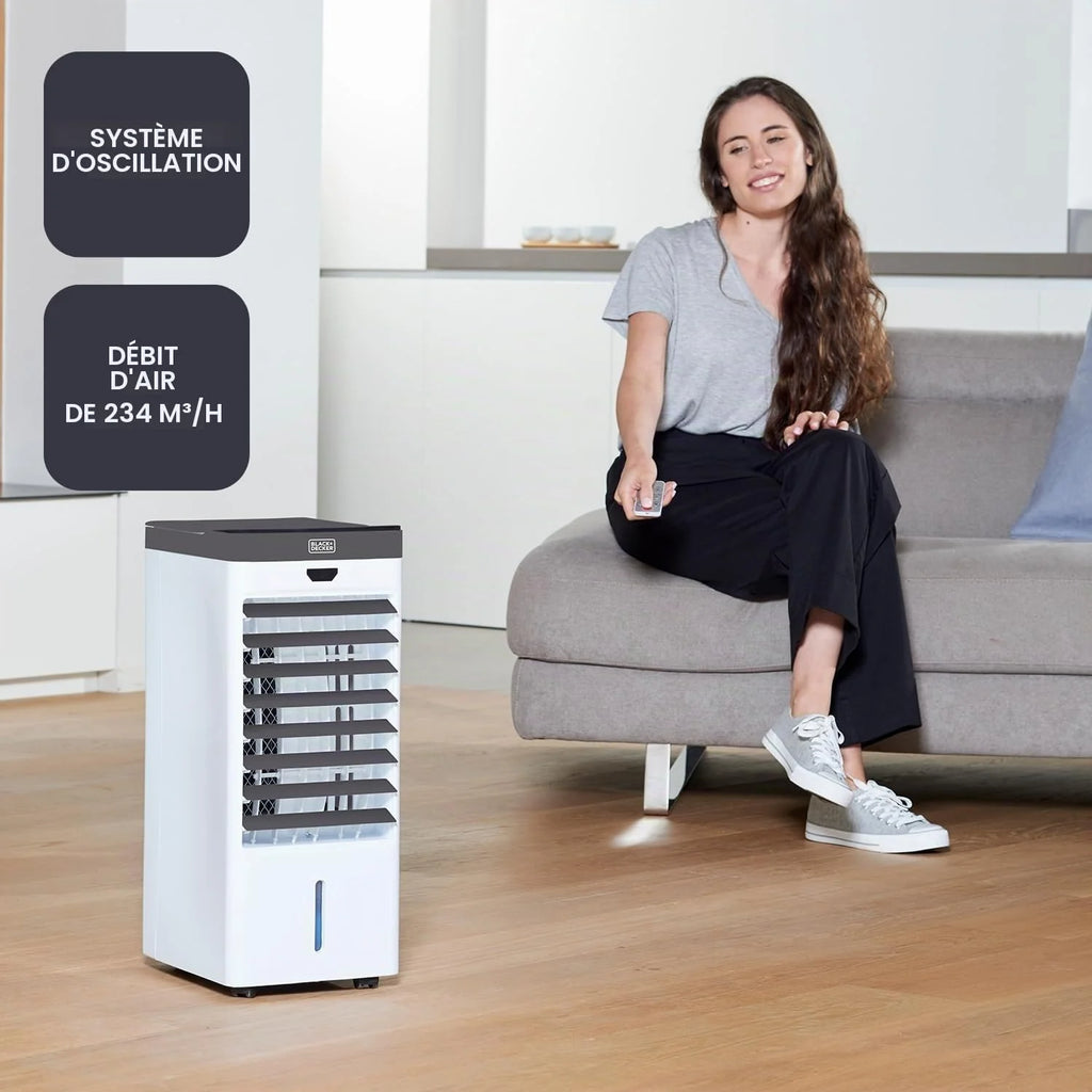 BLACK+DECKER - Rafraîchisseur d'air évaporatif 75 W | Réservoir 5 L | Oscillation | Écran digital | Télécommande | Minuterie 7,5 h | 3 vitesses et modes | 4 bacs à glace | Roulettes