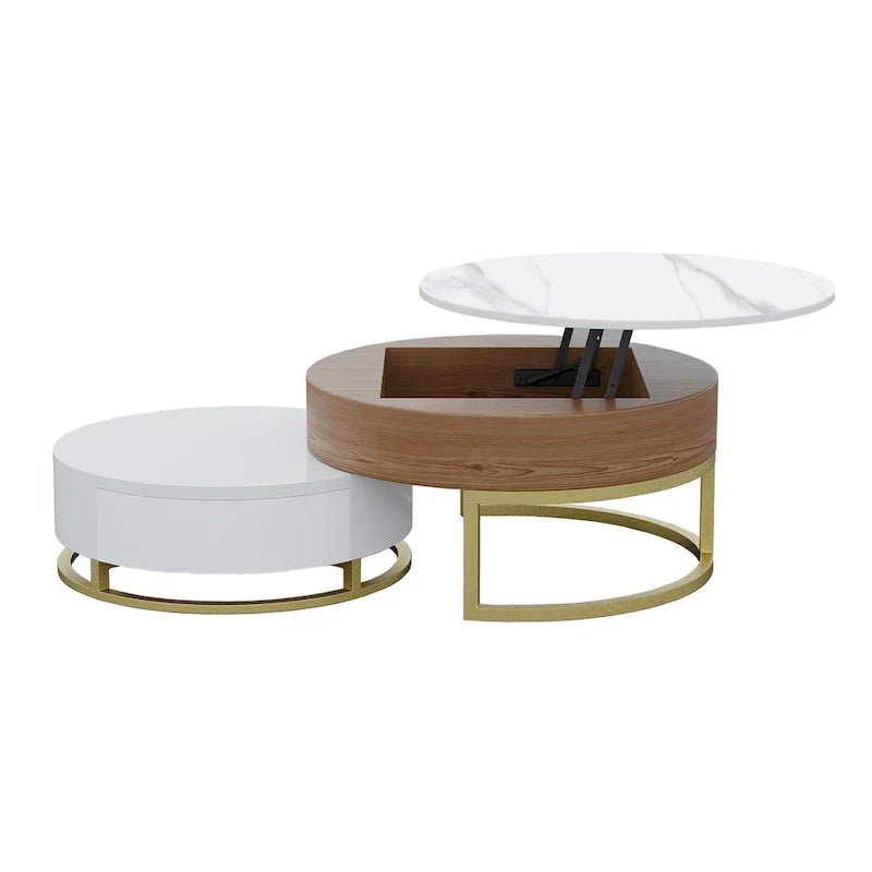 Round Coffee Table White with Storage Lift-Top Wood Coffee Table Lifts up with Rotatable Drawers White Natural