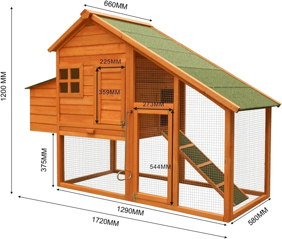 Wiltec poulailler bois sapin 172x66x120cm avec nichoir, grillage, bac galvanisé