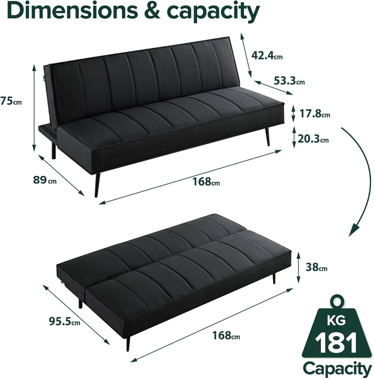 Zinus Quinn Clic Clac Sofá Cama - Sofá Cama Plegable 2 en 1 - Adecuado para habitaciones de invitados y espacios pequeños - Gris