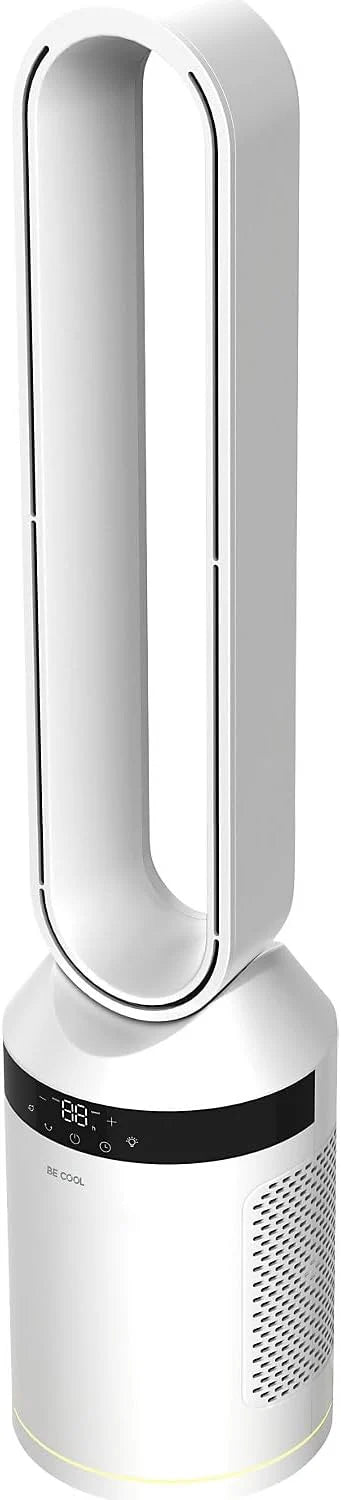 BE COOL Ventilateur tour sans rotor 40 W, moteur CC silencieux, 12 niveaux, 3 modes, oscillation à 70°, minuterie 12h, télécommande, écran tactile LED, fonction anions, éclairage ambiant