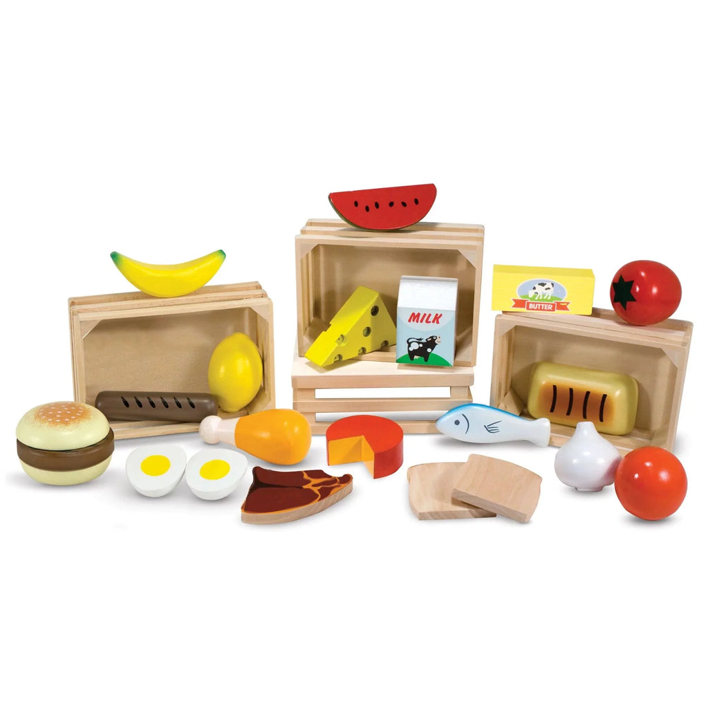Melissa & Doug Grupos de Alimentos – 21 Piezas de Madera y 4 Cajas, Multicolor