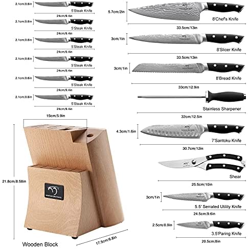 Juego de cuchillos de cocina Damascus, set de 9 piezas con bloque, mango ergonómico ABS para cuchillos de chef, afilador de cuchillos y tijeras de cocina, bloque de madera de haya