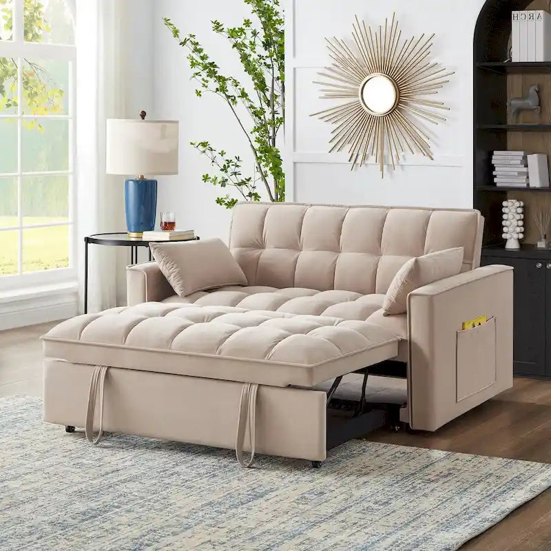 4 in1 Loveseat Sofa Bed with Armrests & Storage Pockets, Multi-Function Tufted Pull-out Sofa Bed with Adjustable Backrest