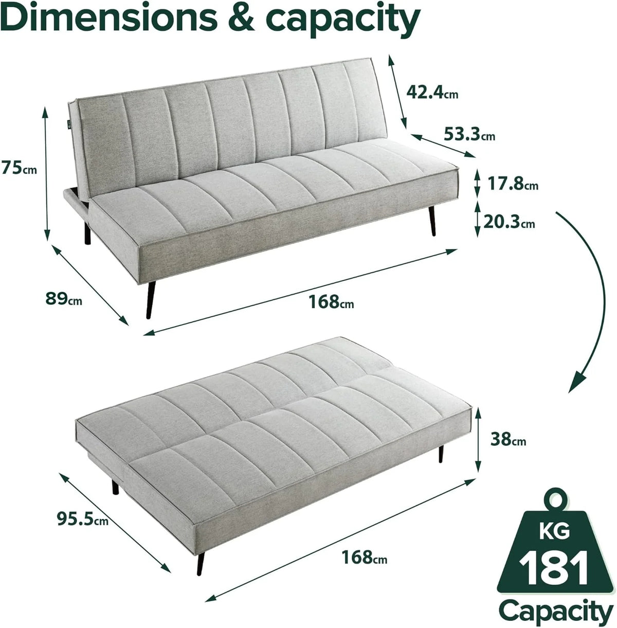 Zinus Quinn Clic Clac Sofá Cama - Sofá Cama Plegable 2 en 1 - Adecuado para habitaciones de invitados y espacios pequeños - Gris