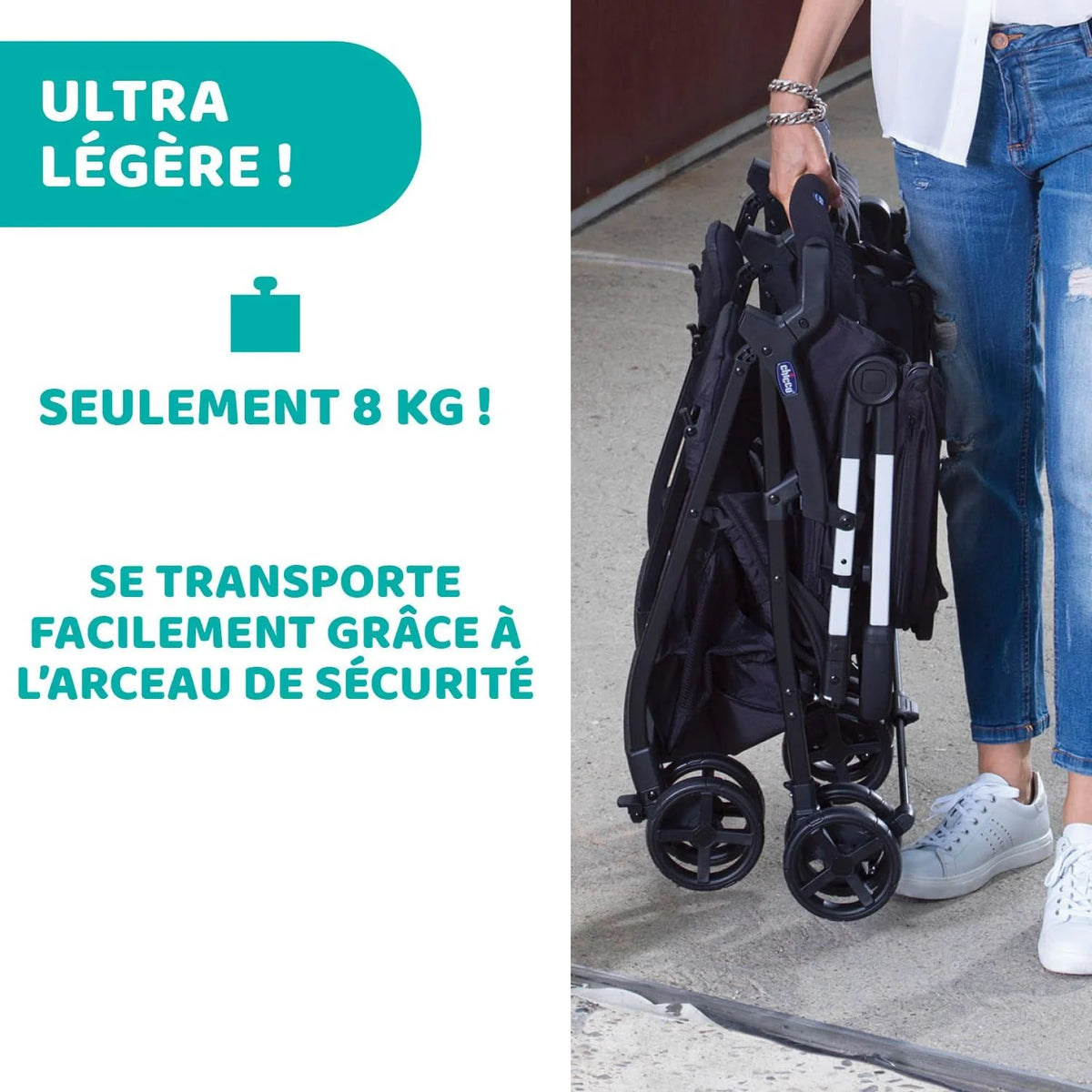 Chicco OHlalà Poussette Double Tandem, Légère Inclinable et Pliable, pour Jumeaux dès la Naissance jusqu'à 15 kg, Fermeture Compacte, Housse de Pluie Incluse, Capote Extensible – Noir