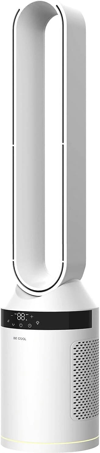 BE COOL Ventilateur tour sans rotor 40 W, moteur CC silencieux, 12 niveaux, 3 modes, oscillation à 70°, minuterie 12h, télécommande, écran tactile LED, fonction anions, éclairage ambiant