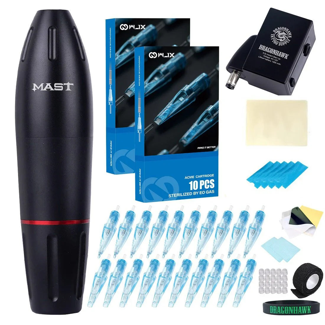 Kit de Máquina de Tatuaje con Cartuchos Mast Pen WJX Agujas y Paquete de Batería