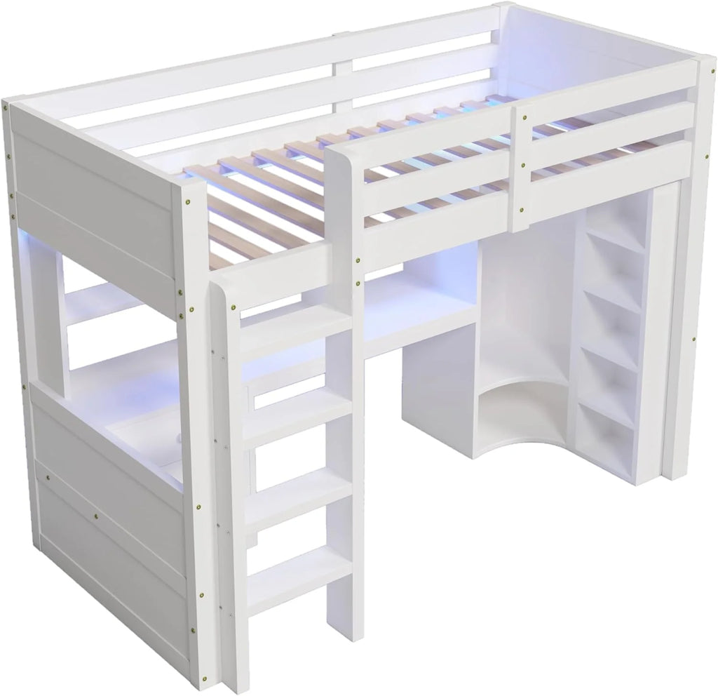 Lit Mezzanine 90x200 cm, Lit Superposé Enfant et Adulte avec Bureau, Lumières LED, Armoire, Échelle, 4 Tiroirs et Rangements, Blanc et Bois lit Mezzanine (90x200 cm)