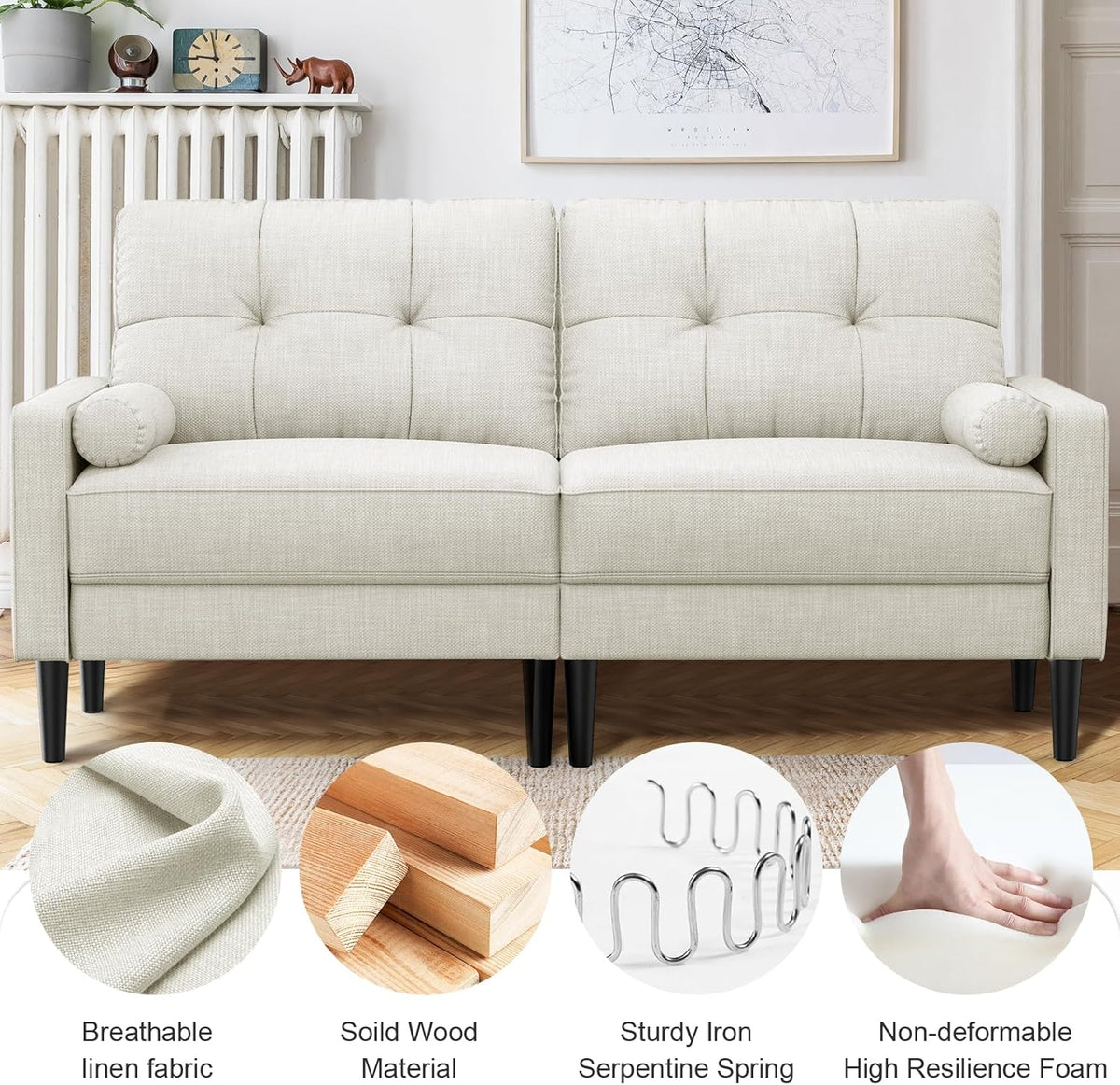 Aotumm Ciort Sofa 2 Plazas, Sofá Moderno con Cojines Gruesos, 2 Almohadas, Cómodo Sofá de Cuero con 2 Bolsillos de Almacenamiento para Sala de Estar/Dormitorio/Oficina, Sofá Pequeño (Marrón)