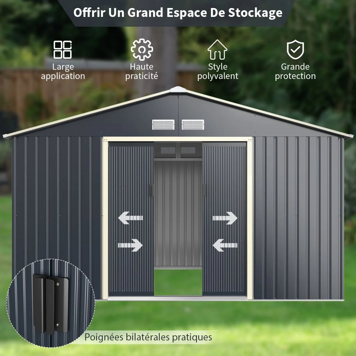 Abri de Jardin en Métal & Extension 10.85㎡ avec 2 Portes Coulissantes Verrouillables 4 Trous d’Aération Gris pour Vélo