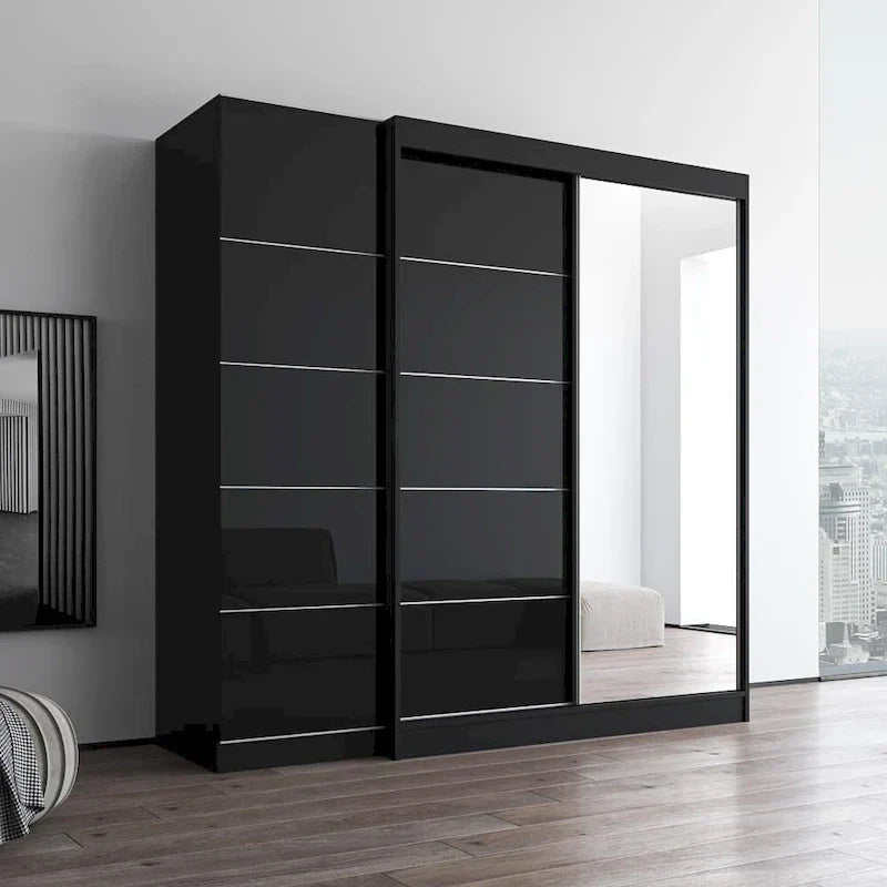 2-Door Wardrobe with Mirror, Glass Front, 2-Person (Gray / Black / White)