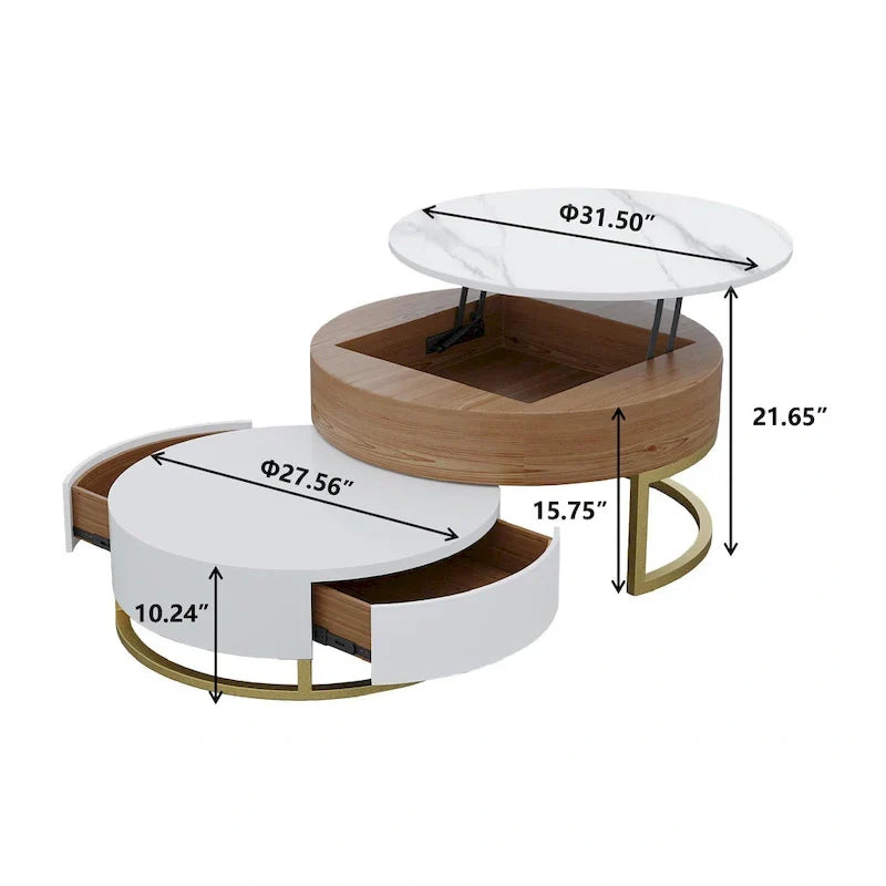 Round Coffee Table White with Storage Lift-Top Wood Coffee Table Lifts up with Rotatable Drawers White Natural