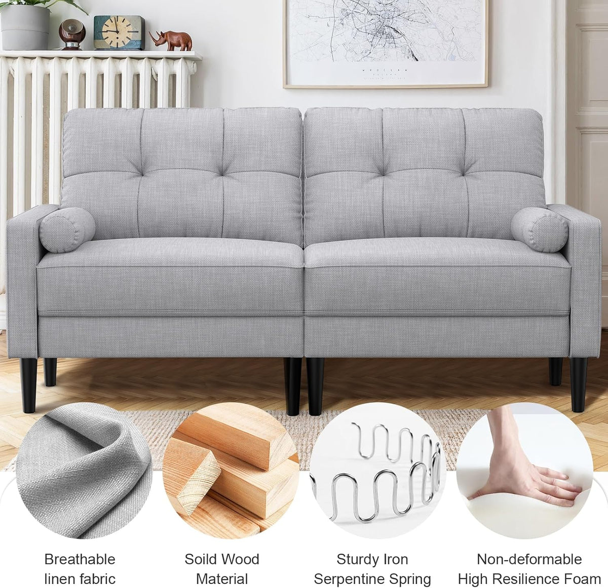Aotumm Ciort Sofa 2 Plazas, Sofá Moderno con Cojines Gruesos, 2 Almohadas, Cómodo Sofá de Cuero con 2 Bolsillos de Almacenamiento para Sala de Estar/Dormitorio/Oficina, Sofá Pequeño (Marrón)