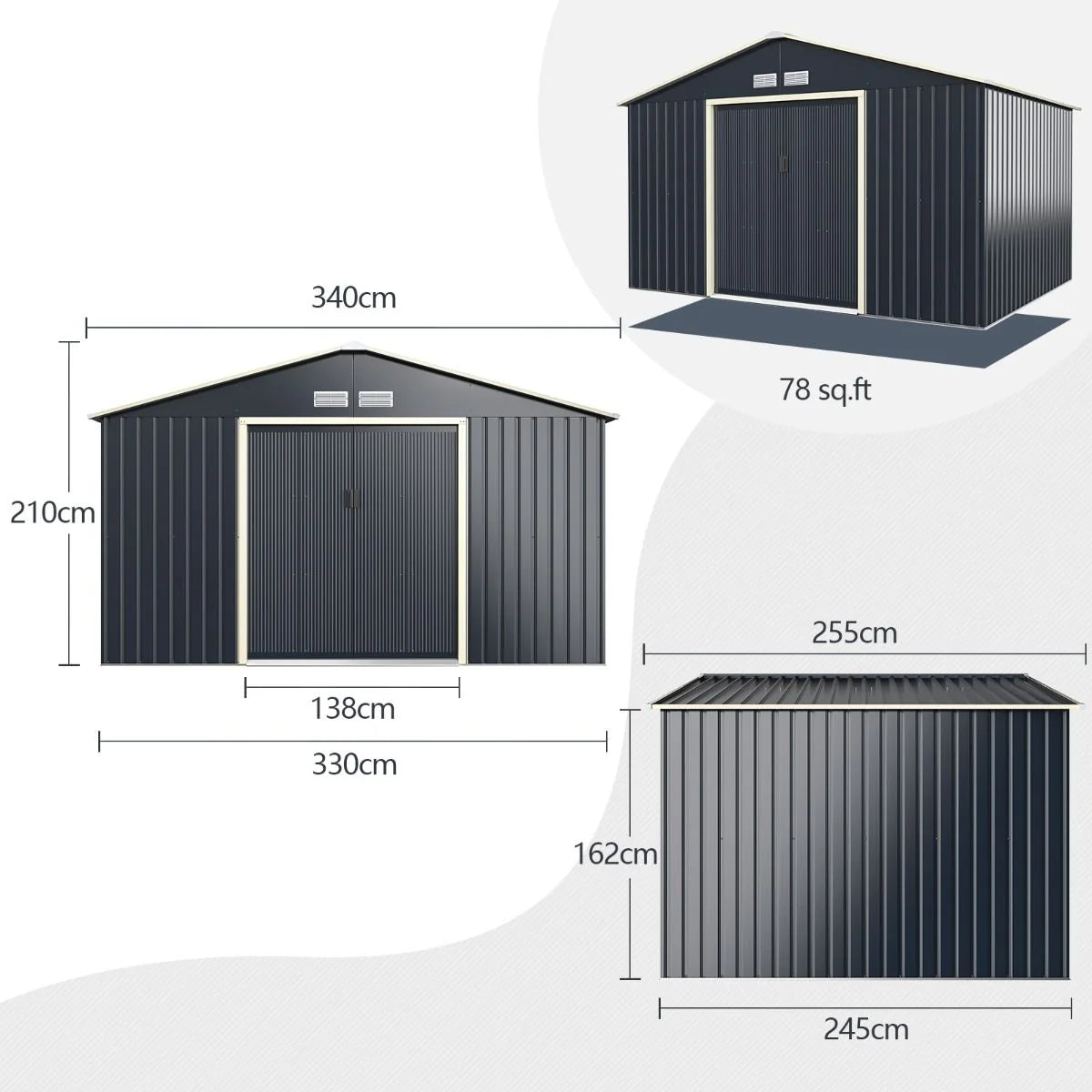 Abri de Jardin en Métal & Extension 10.85㎡ avec 2 Portes Coulissantes Verrouillables 4 Trous d’Aération Gris pour Vélo