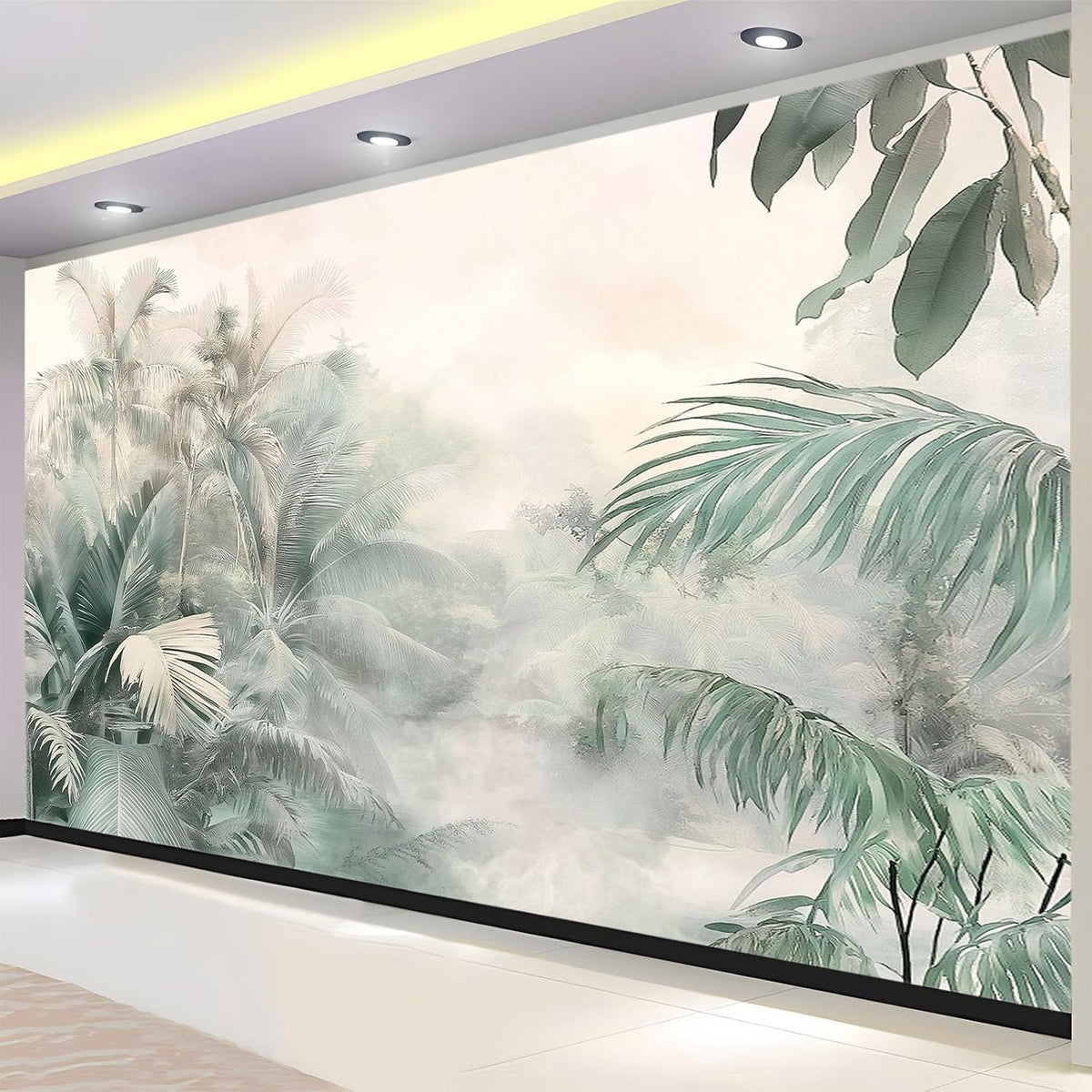 Aquarelle Papier Peint Panoramique plantes tropicales de la jungle Toison Mur 350x256 cm Moderne Papier Peint intissé pour Chambre Salon Bureau Personnalisé Décoration Murale