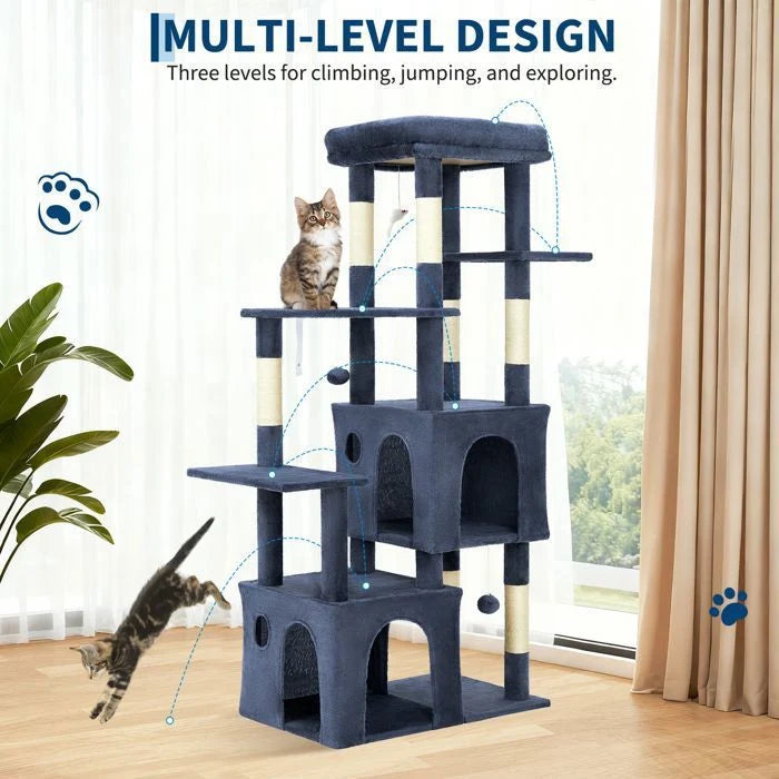 Arbre à chat - GARVEE - Arbre à chat multi-niveau avec griffoirs, escalade, hamac et niches, hauteur 188 cm - Gris foncé