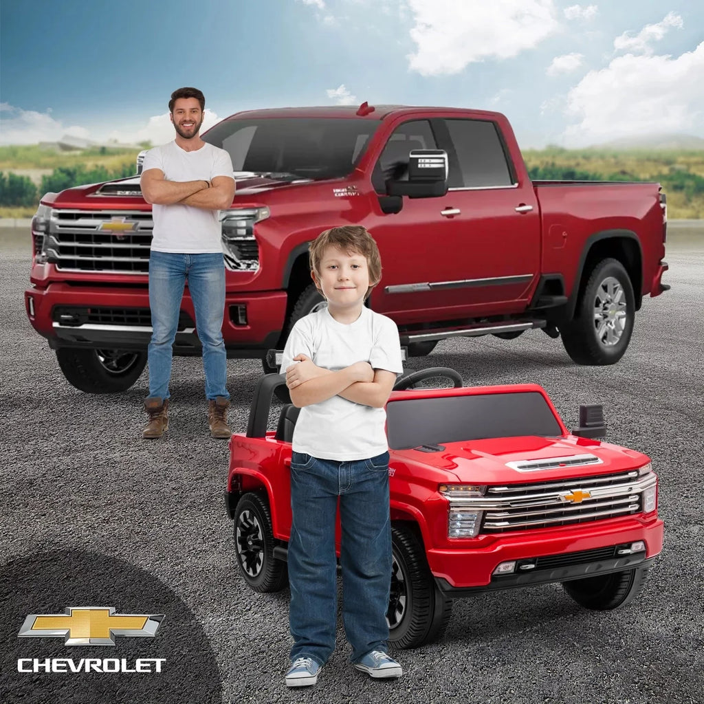 Track 7 Coche Eléctrico de 24V para Niños, Camioneta Silverado HD Licenciada para 2 Pasajeros, Control Remoto, Música, ABC, Rojo