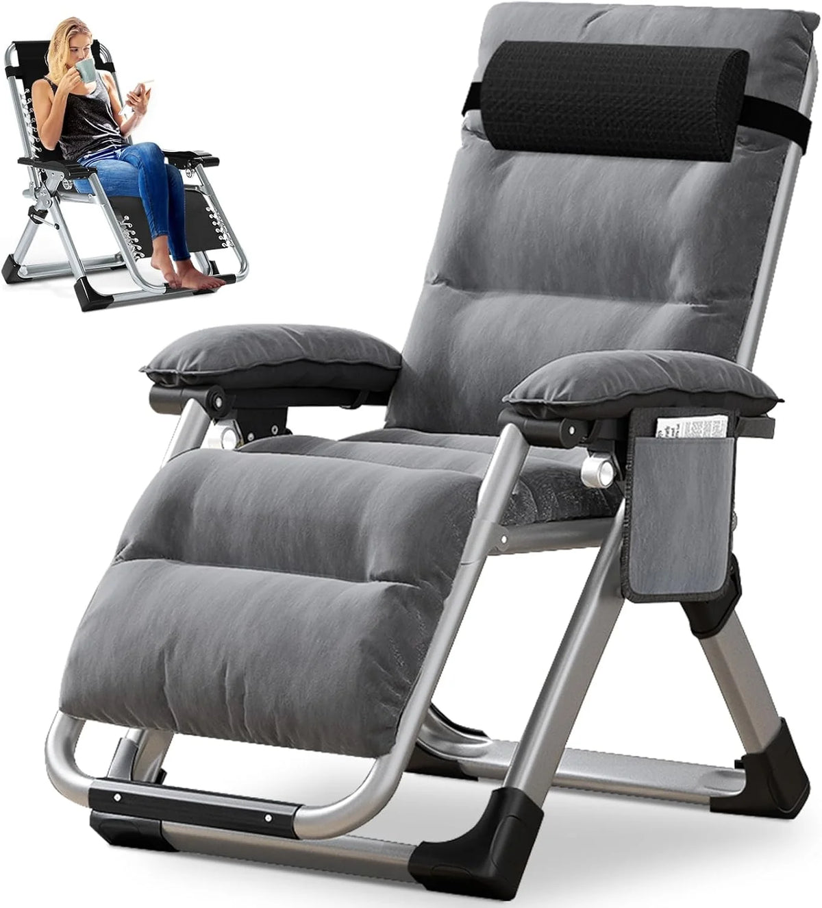Chaise longue pliante, charge maximale de 200 kg, Zero Gravity Chair avec coussin, support pour gobelet, chaise longue de jardin réglable extra large pour terrasse, jardin, plage, piscine