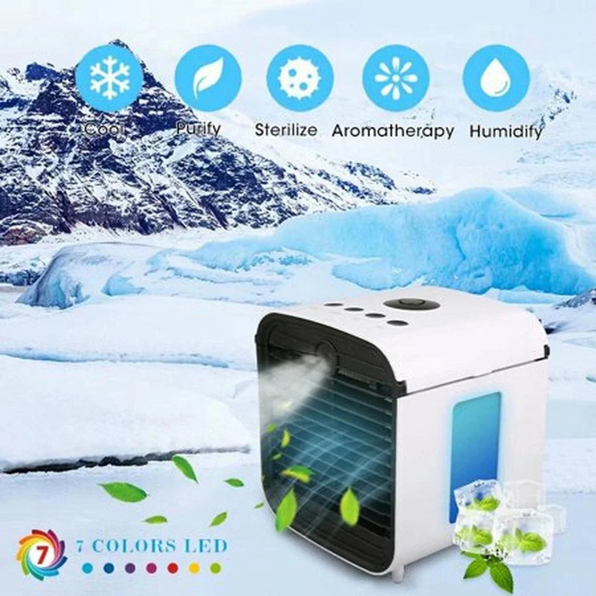 Mini Ventilador Multifuncional de Aire Acondicionado con LED, Humidificador, Purificador de Aire con Batería