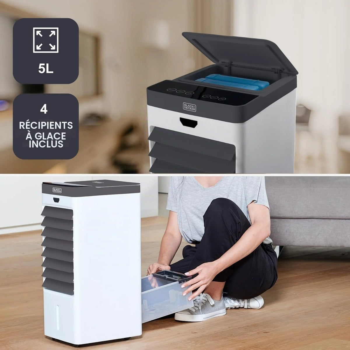 BLACK+DECKER - Rafraîchisseur d'air évaporatif 75 W | Réservoir 5 L | Oscillation | Écran digital | Télécommande | Minuterie 7,5 h | 3 vitesses et modes | 4 bacs à glace | Roulettes