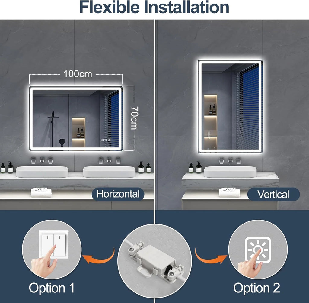 S'bagno Espejo-Baño-con-Luz 120x70cm, Espejo-Baño-LED-Bluetooth con Función Antivaho, 3000K/4000K/6500K, Regulable, Memoria, Cristal Templado HD, IP44-Espejos-de-Baño-con-LED, Horizontal/Vertical