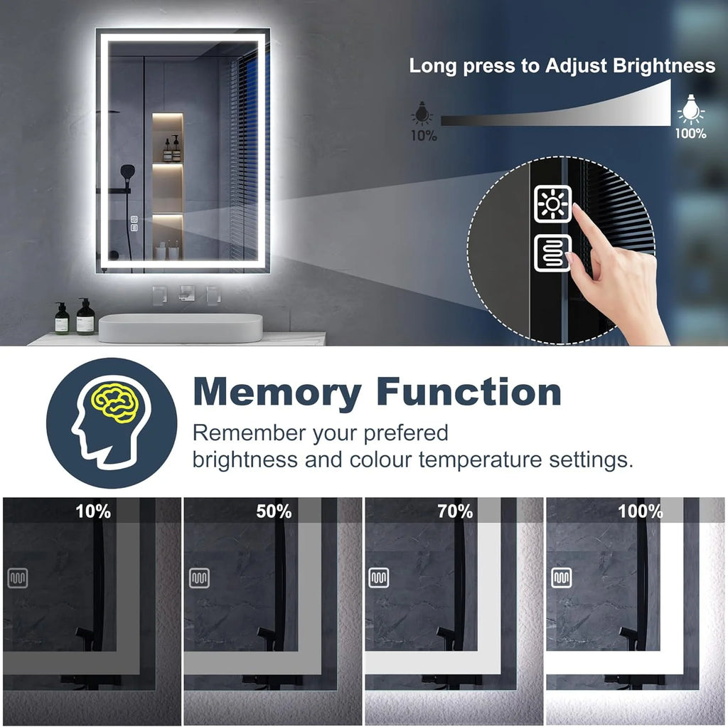 S'bagno Espejo-Baño-con-Luz 120x70cm, Espejo-Baño-LED-Bluetooth con Función Antivaho, 3000K/4000K/6500K, Regulable, Memoria, Cristal Templado HD, IP44-Espejos-de-Baño-con-LED, Horizontal/Vertical