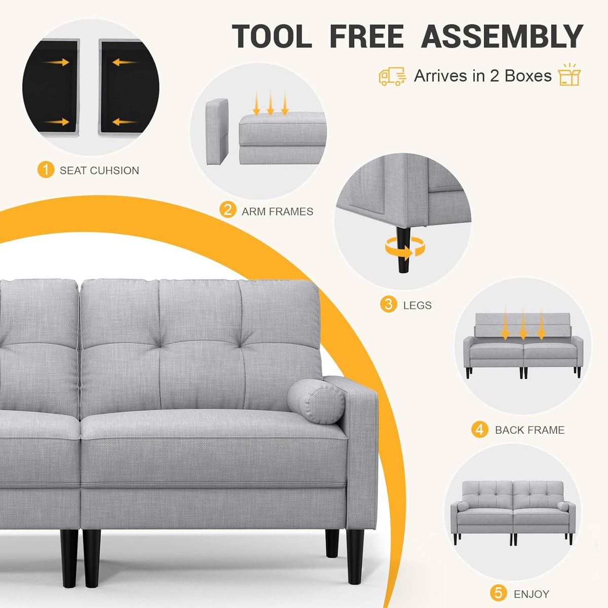 Aotumm Ciort Sofa 2 Plazas, Sofá Moderno con Cojines Gruesos, 2 Almohadas, Cómodo Sofá de Cuero con 2 Bolsillos de Almacenamiento para Sala de Estar/Dormitorio/Oficina, Sofá Pequeño (Marrón)