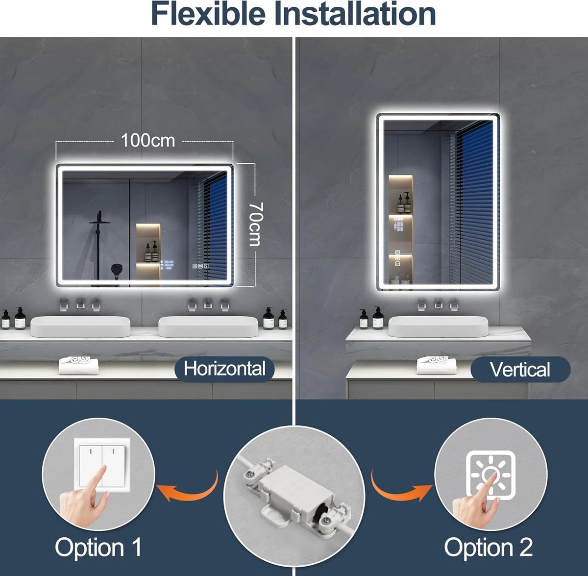 S'bagno Espejo-Baño-con-Luz 120x70cm, Espejo-Baño-LED-Bluetooth con Función Antivaho, 3000K/4000K/6500K, Regulable, Memoria, Cristal Templado HD, IP44-Espejos-de-Baño-con-LED, Horizontal/Vertical