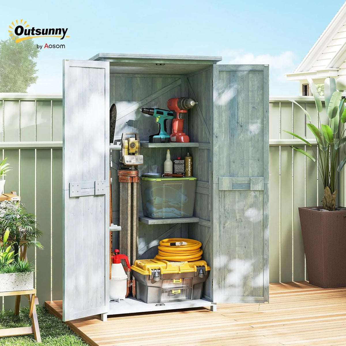 Outsunny Armoire de Jardin, Armoire extérieure de Rangement en Bois avec 2 Portes verrouillables, 2 étagères et 10 Crochets, Toit en Asphalte étanche, pour Balcon, terrasse, 85 x 54 x 170 cm, Gris