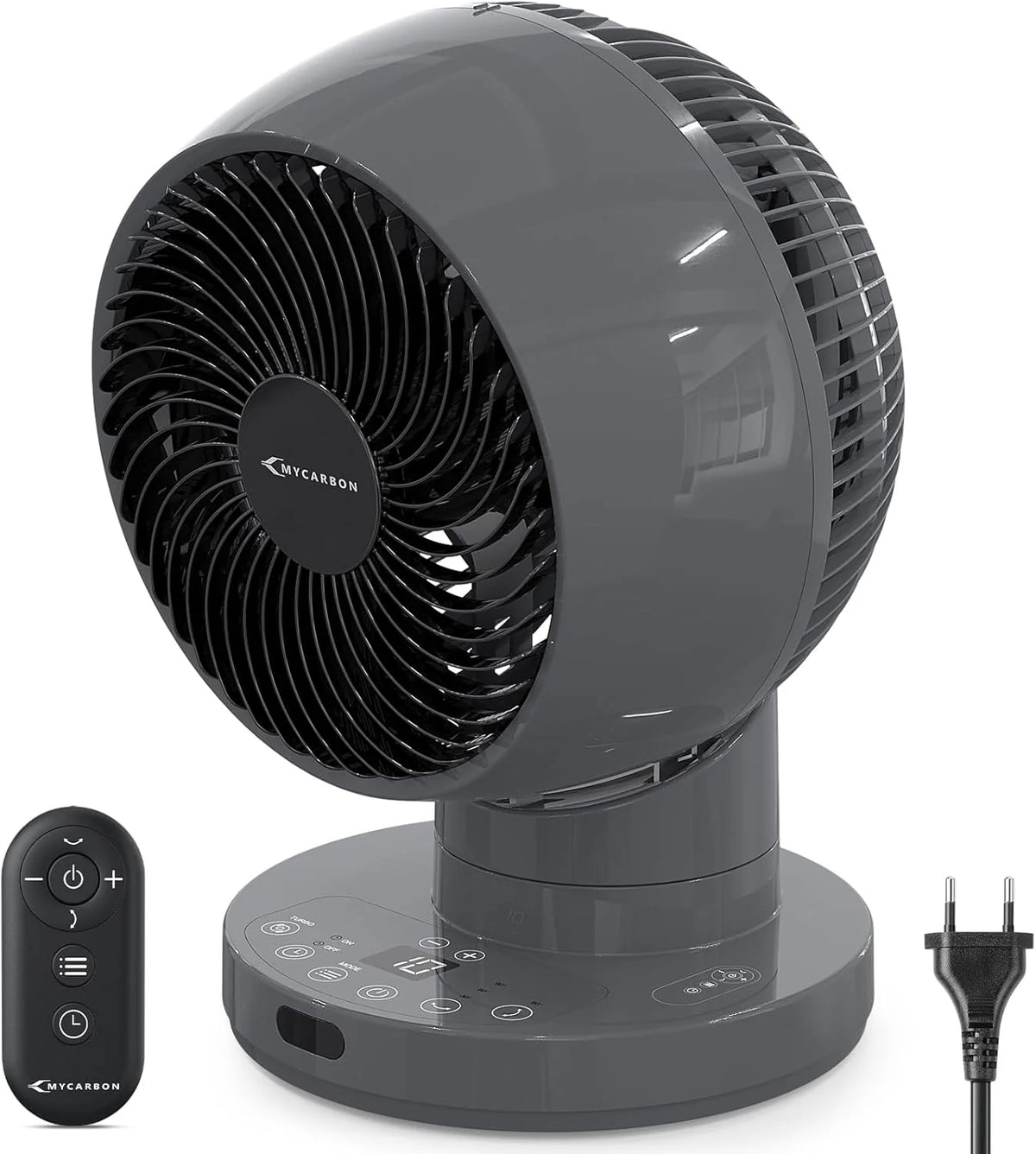 MYCARBON Ventilador de Mesa Turbo Silencioso 20dB, Motor DC Potente, Oscilación de 30°-60°-90°, 11 Velocidades, Temporizador 12h y Encendido Programado, con Control Remoto
