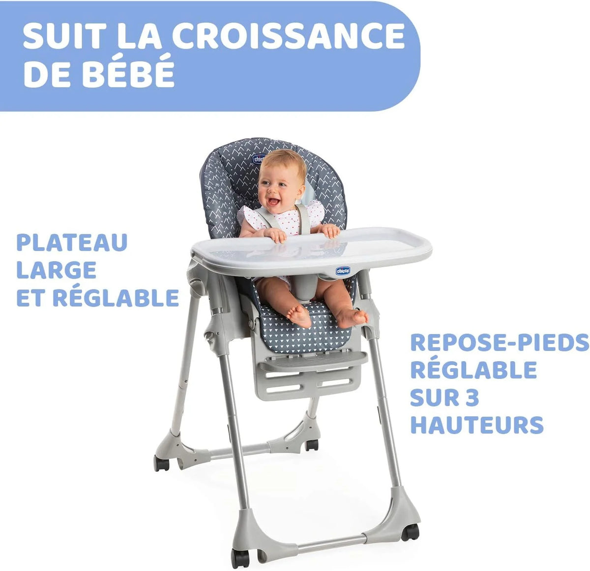 Chicco Chaise haute Réglable Polly Easy pour enfants de 6 mois à 3 ans (15 kg), inclinable, avec hauteur et repose-pieds réglables, 4 roues, pliage - Pinguin