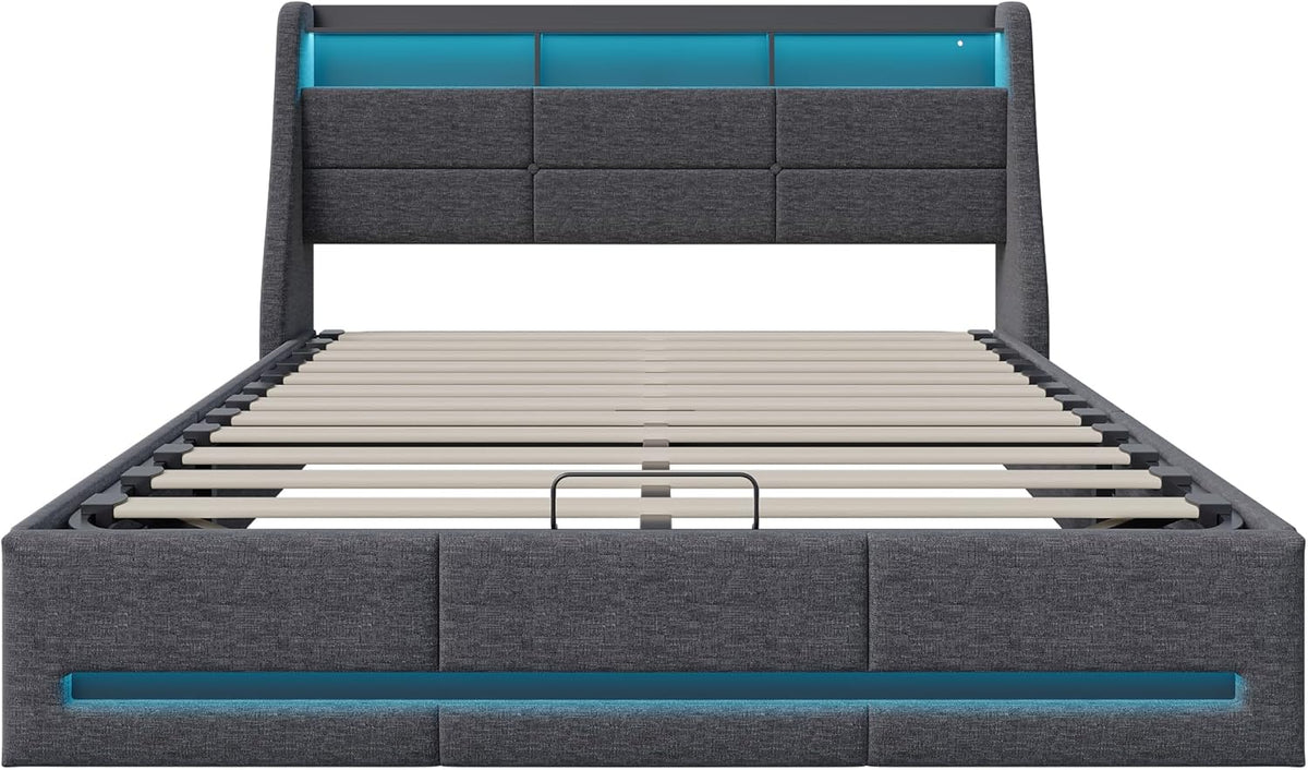 LIVLUX Lit Coffre 140x190 avec sommier LED et USB,Lit Double rembourré avec Rangement hydraulique,lit 2 Personnes pour Adultes et Adolescents,Lin Gris Clair, 140 x 190 cm