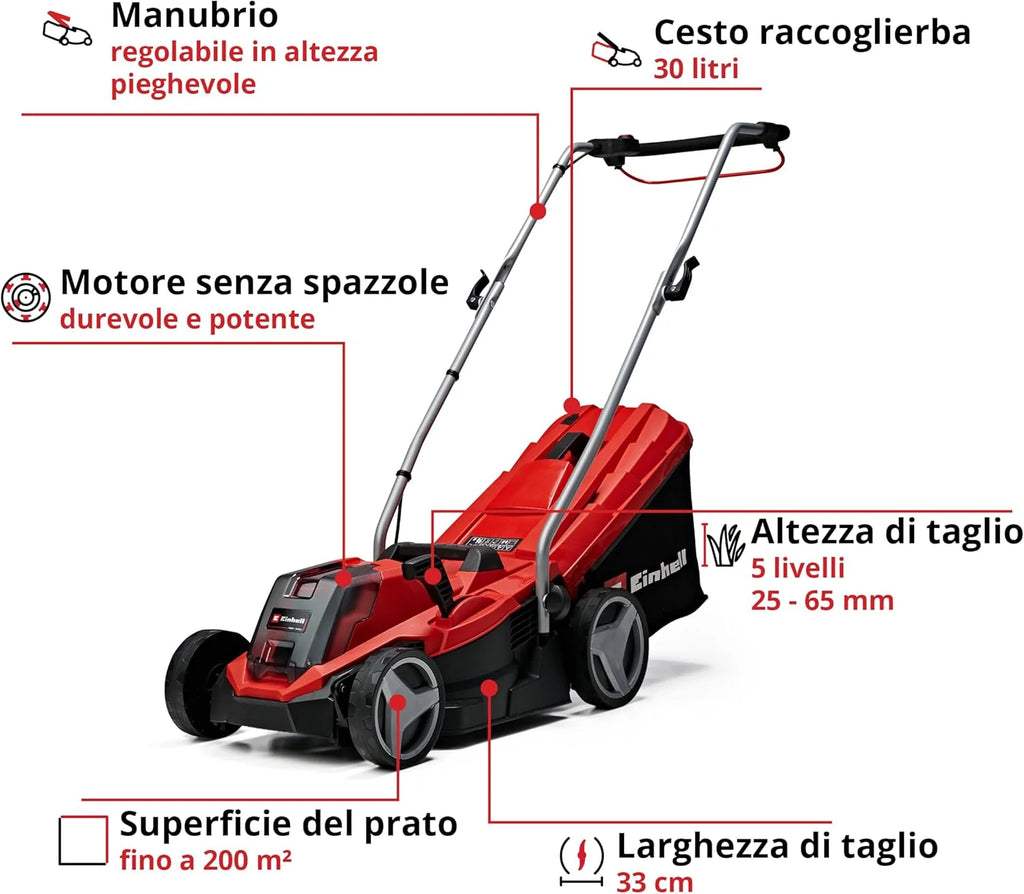 Einhell Tondeuse à gazon sans fil GE-CM 18/33 Li Kit Power X-Change (18V, Largeur de Coupe 33cm, Surface conseillée 200 m²) Livré avec Batterie 4,0 Ah et Chargeur