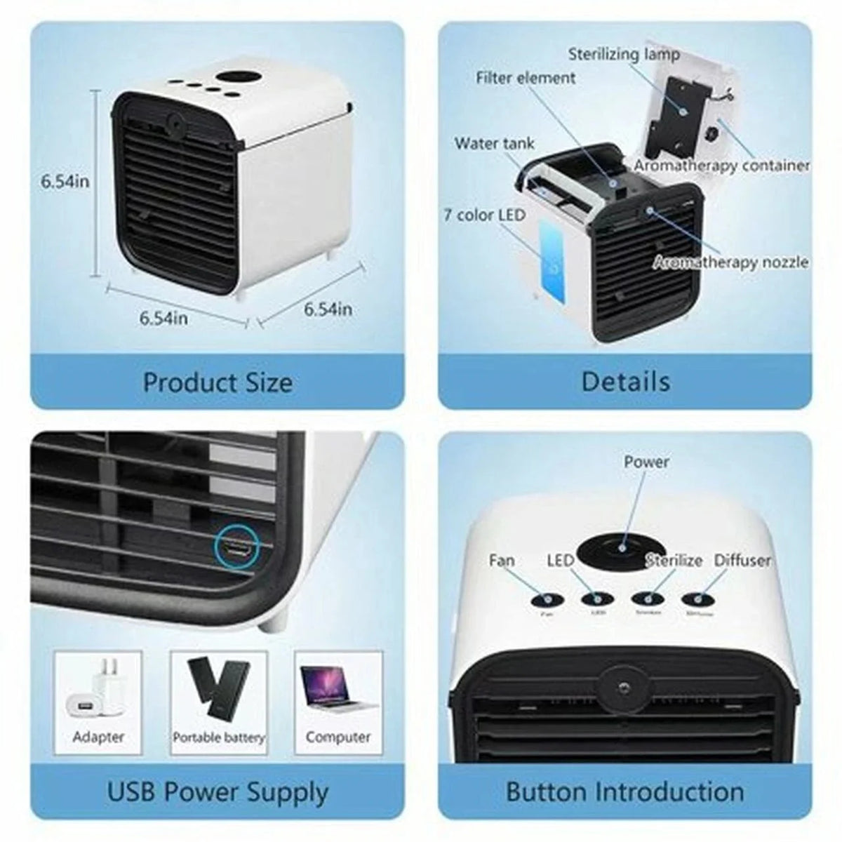 Mini Ventilador Multifuncional de Aire Acondicionado con LED, Humidificador, Purificador de Aire con Batería