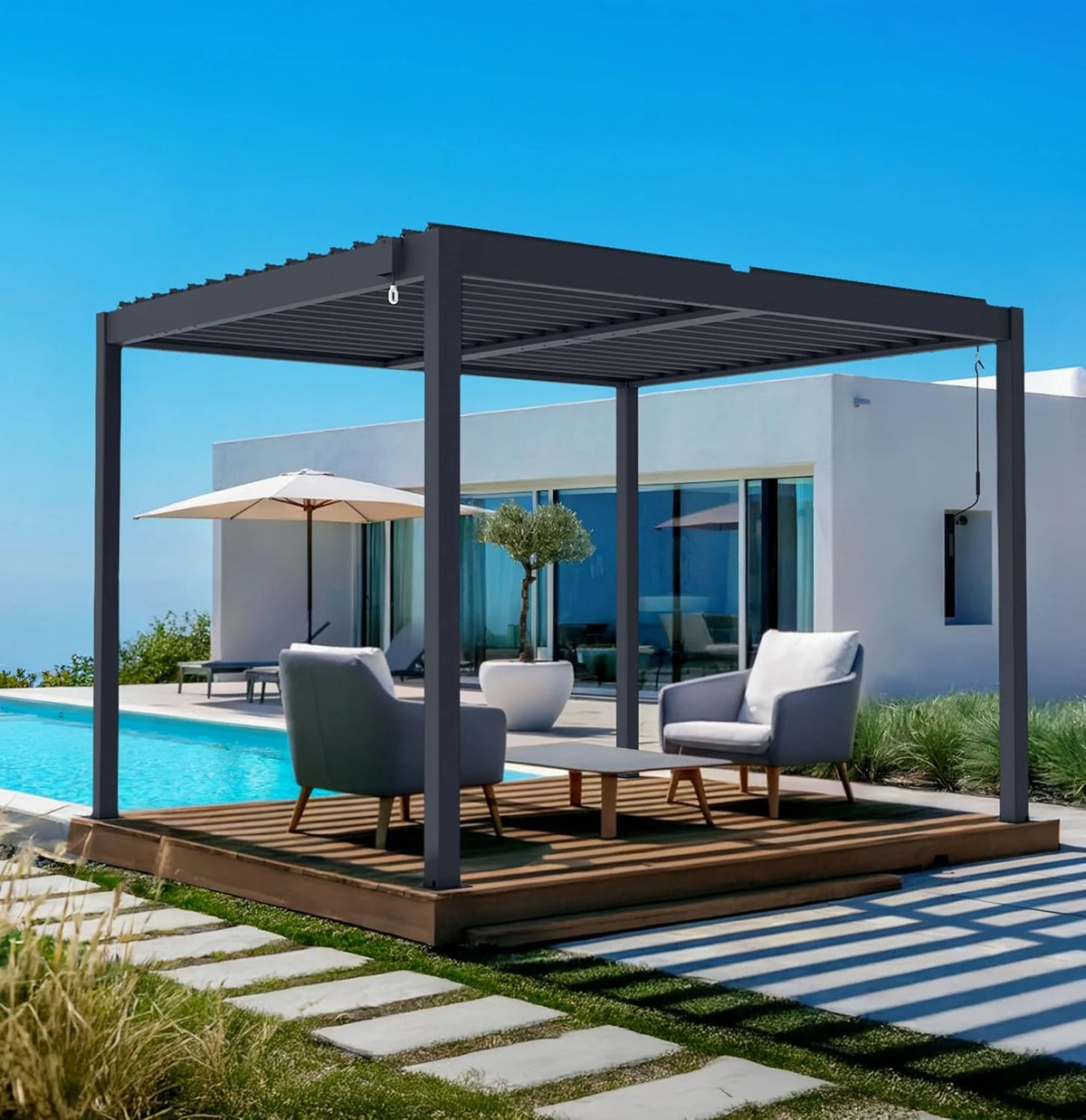 CAZEBOO Pergola Bioclimatique Autoportante Piana 3x2,5 m - 7,5 m² – Pergola Aluminium Gris avec Lames Orientables en Acier – Abri Terrasse et Jardin
