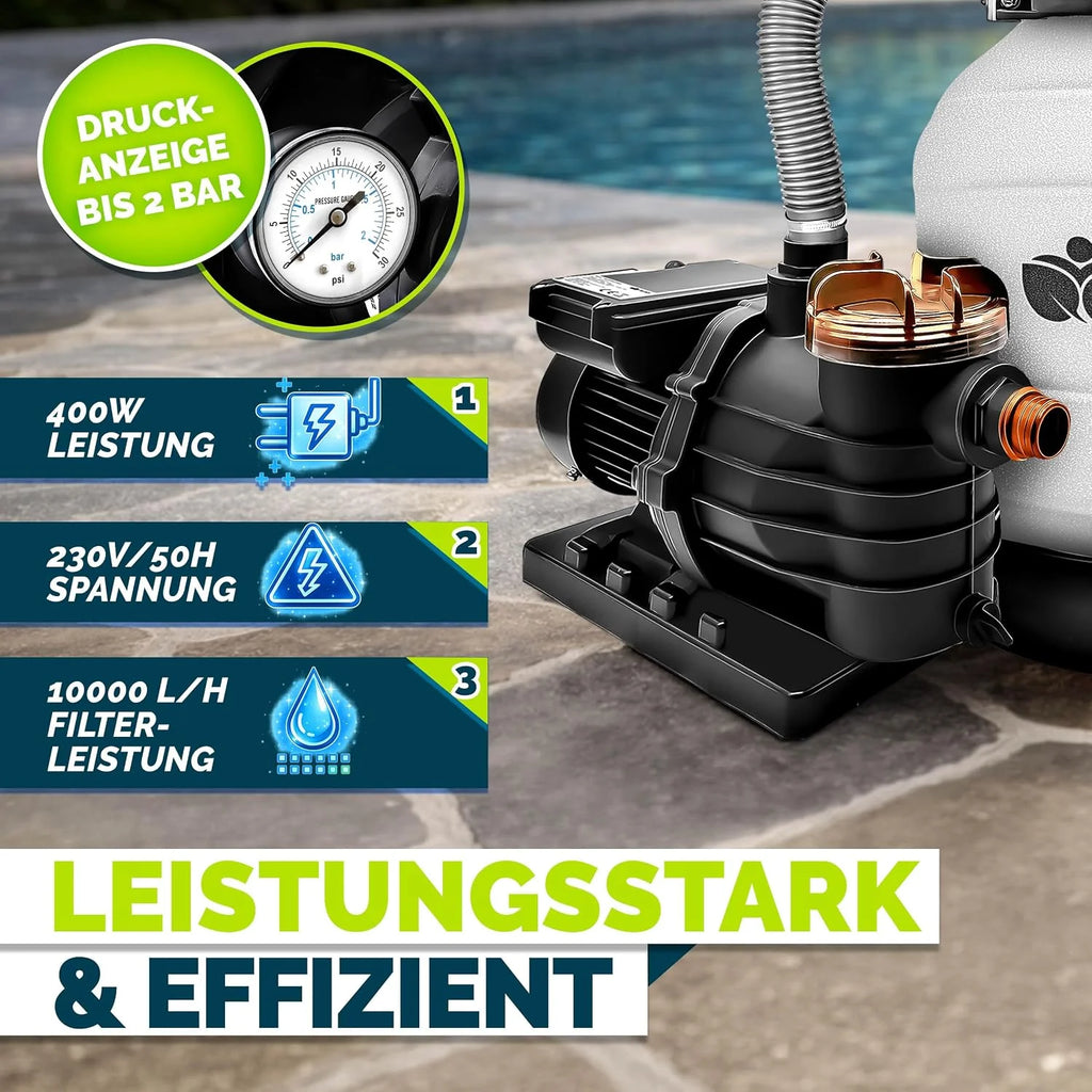 tillvex Système de Filtre à Sable 10 m³/h + 800g Boules de filtre – 7 Fonctions de Filtration | Filtre de Piscine avec indicateur de pression | Filtre à sable pour les bassins aquatiques & piscines