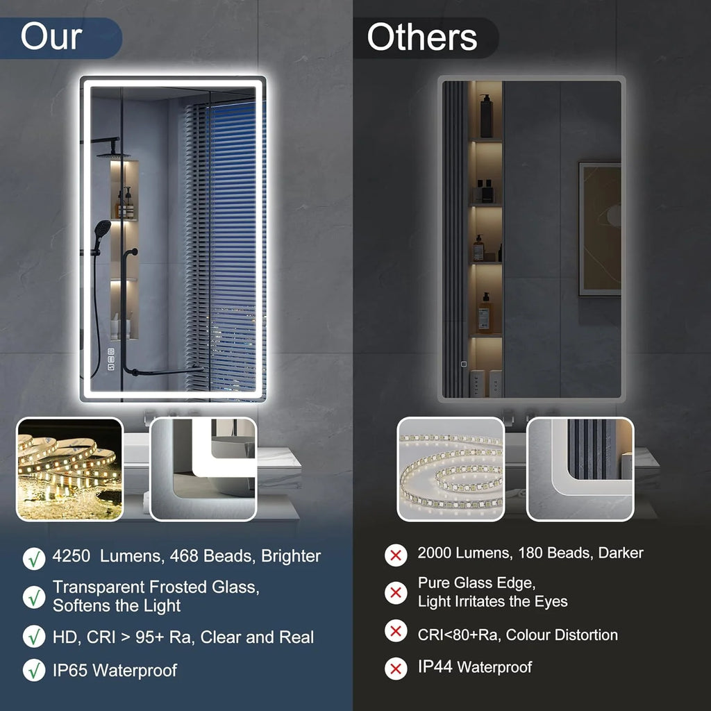 S'bagno Espejo-Baño-con-Luz 120x70cm, Espejo-Baño-LED-Bluetooth con Función Antivaho, 3000K/4000K/6500K, Regulable, Memoria, Cristal Templado HD, IP44-Espejos-de-Baño-con-LED, Horizontal/Vertical