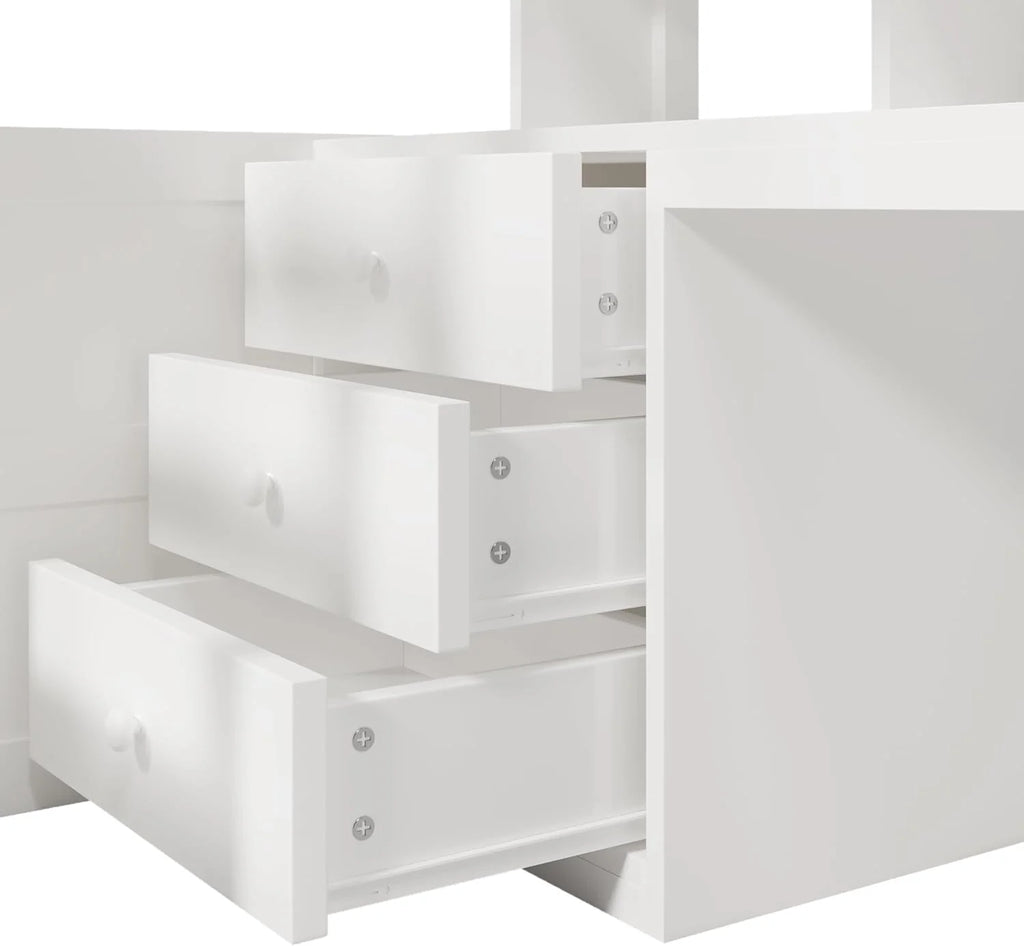 Lit Mezzanine 90x200 cm, Lit Superposé Enfant et Adulte avec Bureau, Lumières LED, Armoire, Échelle, 4 Tiroirs et Rangements, Blanc et Bois lit Mezzanine (90x200 cm)