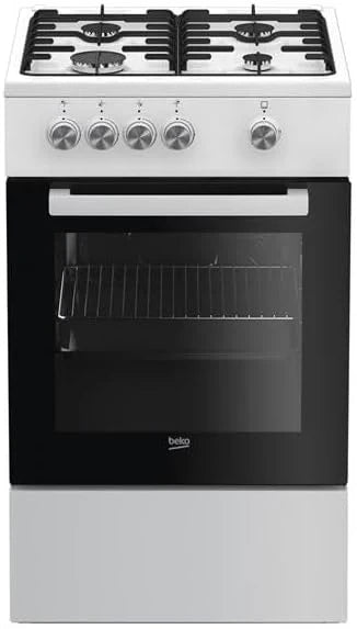 Beko cuisinière gaz FSG52000DWC, autonome, blanc, rotatif, foyer avant