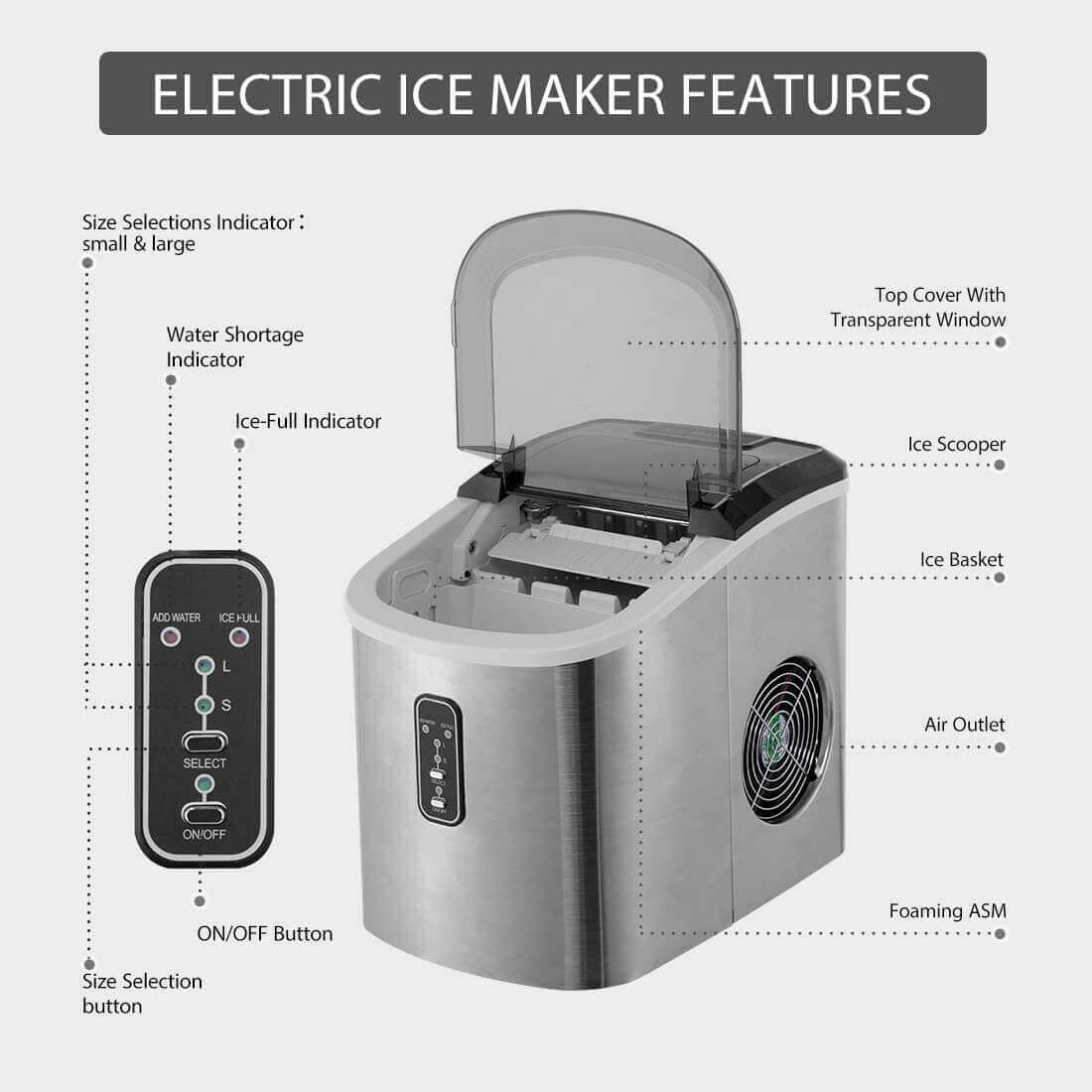 Máquina Automática de Hielo en Forma de Bala de Acero Inoxidable – 26 lbs/día