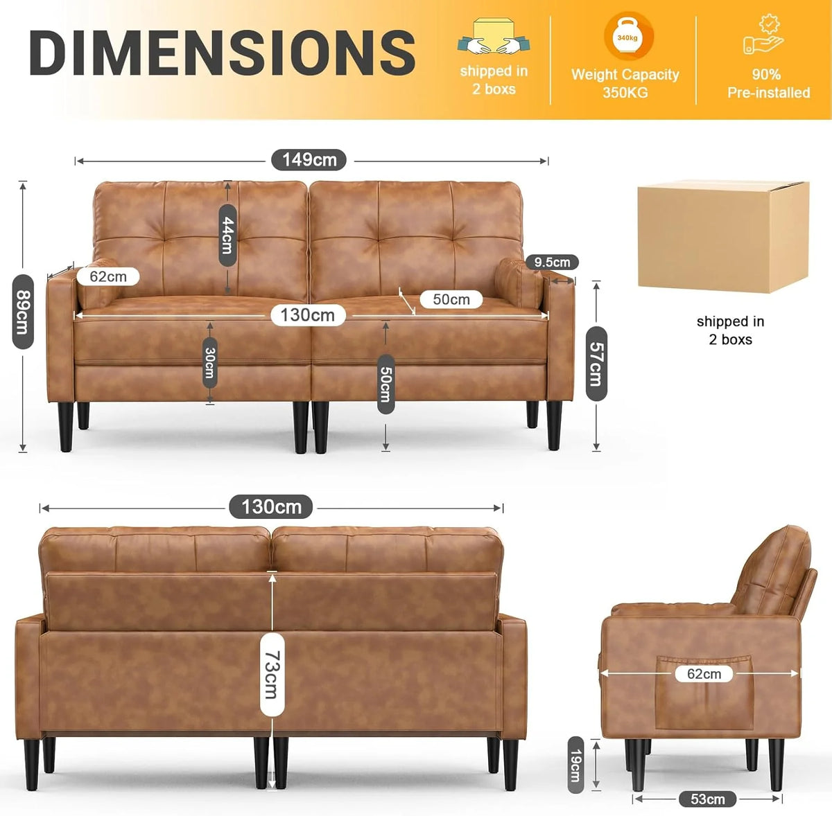 Aotumm Ciort Sofa 2 Plazas, Sofá Moderno con Cojines Gruesos, 2 Almohadas, Cómodo Sofá de Cuero con 2 Bolsillos de Almacenamiento para Sala de Estar/Dormitorio/Oficina, Sofá Pequeño (Marrón)